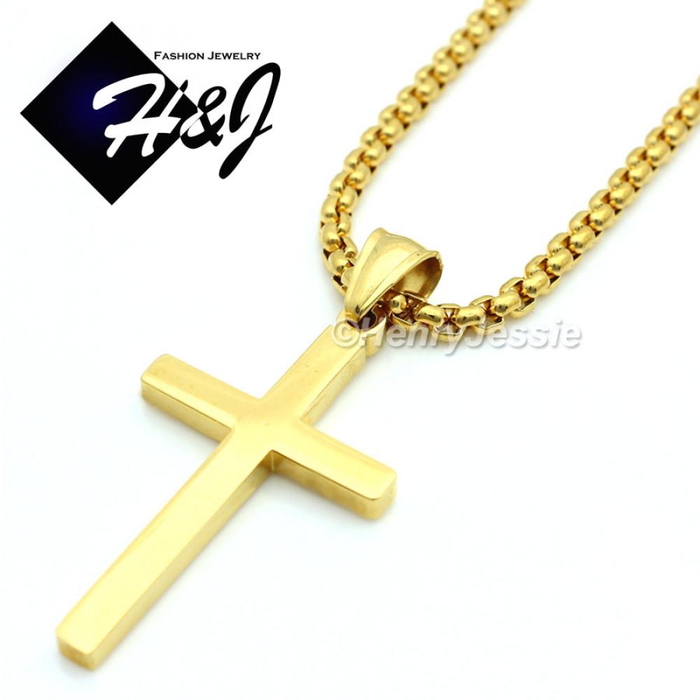 18-36"MEN Stainless Steel 3mm Gold Smooth Box Chain Necklace Plain Simple Cross Pendant*GP29
