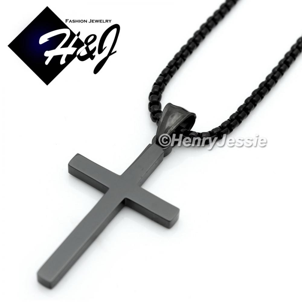 18-36"MEN Stainless Steel 3mm Black Smooth Box Chain Necklace Plain Simple Cross Pendant*BP29