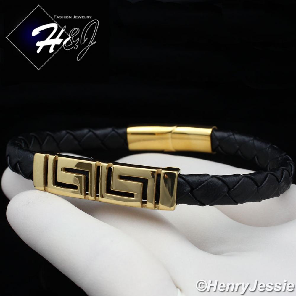 8.25"MEN WOMEN Stainless Steel Gold/Black Greek Key Leather Bracelet*SB91