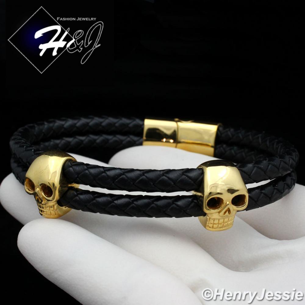 8.25"MEN WOMEN Stainless Steel Gold/Black Skull Head Leather Bracelet*GB92