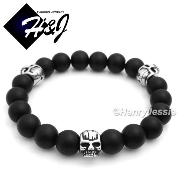 MEN Stainless Steel 10mm Brush Black Onyx Beads Skull Head Stretchy Bracelet*SB4