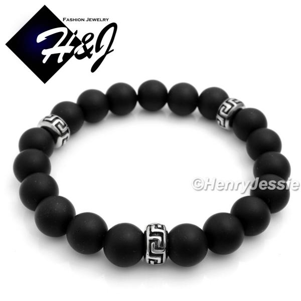 MEN Stainless Steel 10mm Brush Black Onyx Beads Greek Key Stretchy Bracelet*SB5