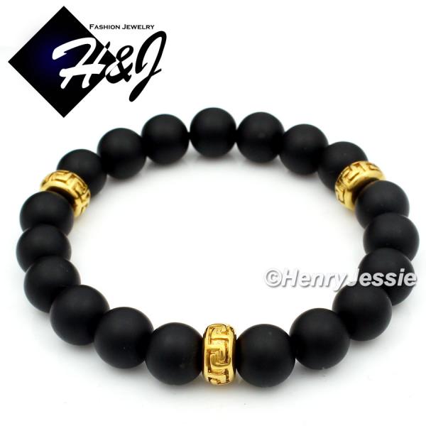 MEN Stainless Steel 10mm Brush Black Onyx Beads Gold Greek Key Stretchy Bracelet*GB5
