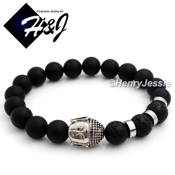MEN Stainless Steel 10mm Brush Black Onyx Bead Buddha Head Stretchy Bracelet*SB6