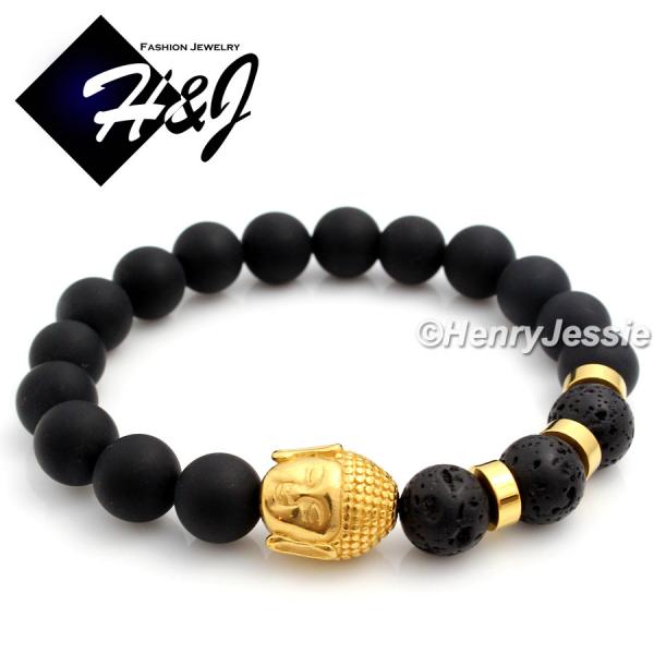 MEN Stainless Steel 10mm Brush Black Onyx Bead Gold Buddha Stretchy Bracelet*SB6