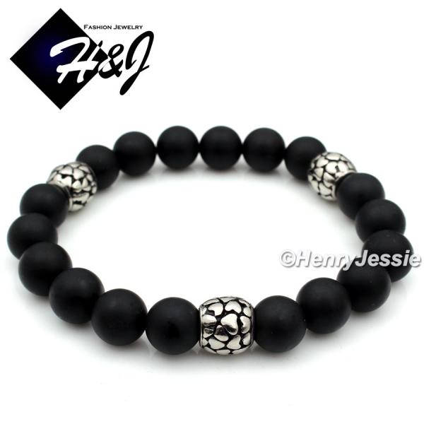 MEN Stainless Steel 10mm Brush Black Onyx Beads Stretchy Bracelet*SB7