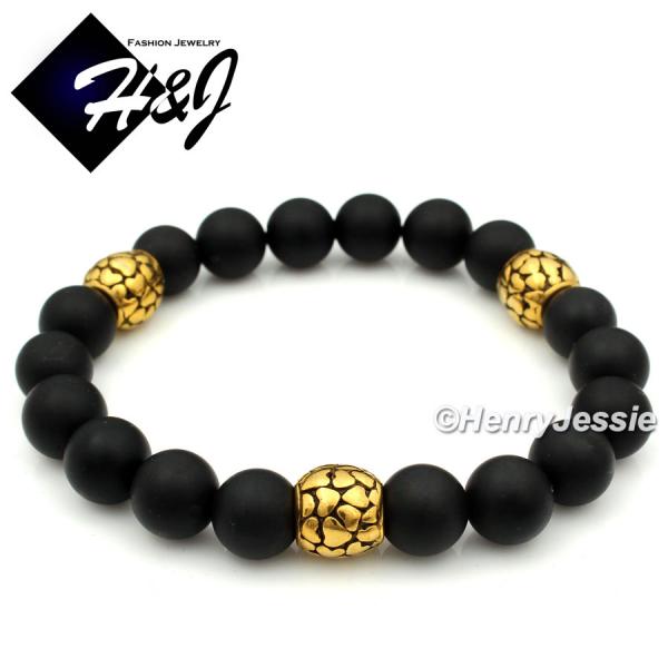 MEN Stainless Steel 10mm Brush Black Onyx Beads Gold Beads Stretchy Bracelet*GB7