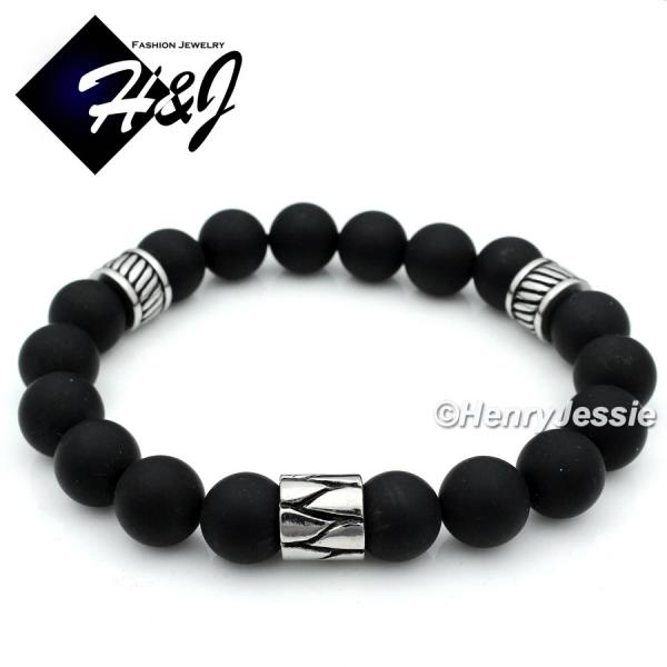 MEN Stainless Steel 10mm Brush Black Onyx Beads Stretchy Bracelet*SB8