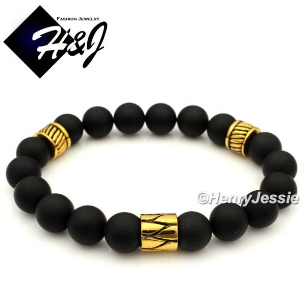 MEN Stainless Steel 10mm Brush Black Onyx Beads Gold Beads Stretchy Bracelet*GB7
