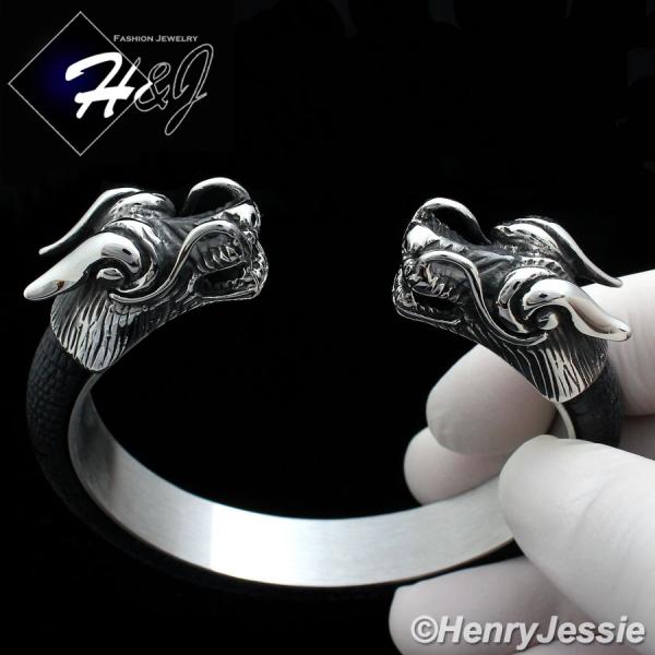 BIKER MEN Stainless Steel 12mm Silver/Black Dragon Heads Leather Adjust Bracelet*B83