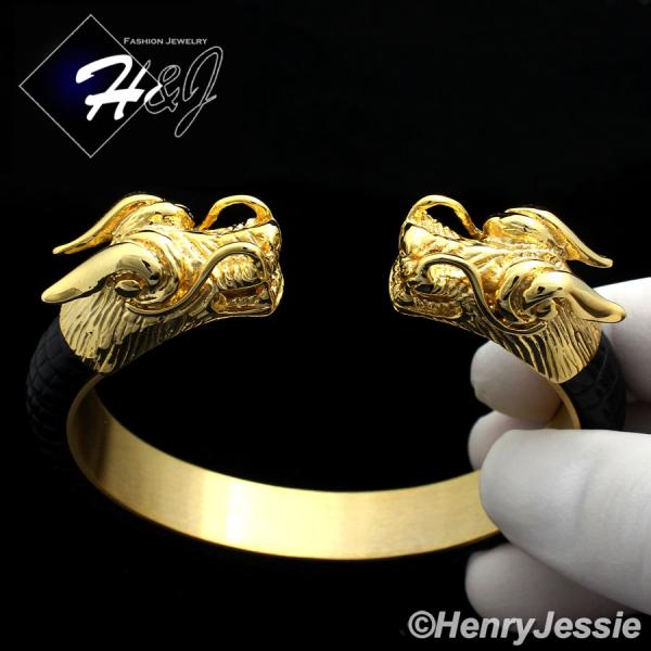 BIKER MEN Stainless Steel 12mm Black/Gold Dragon Head Leather Adjust Bracelet*GB83