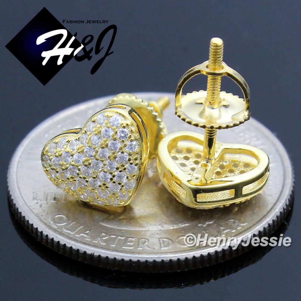 925 STERLING SILVER GEMSTONE HEART SHAPE GOLD SCREW BACK STUD EARRING*SE121
