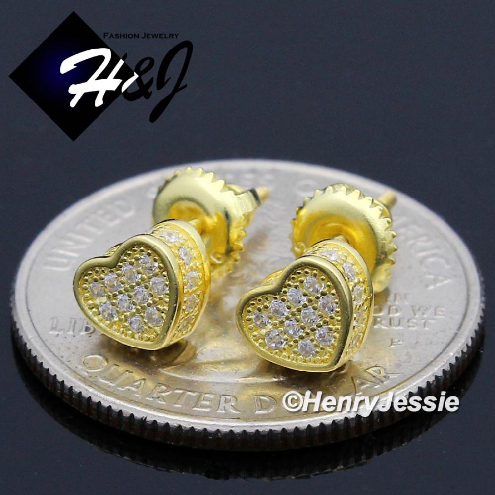Men Women 925 STERLING SILVER GEMSTONE HEART SHAPE GOLD SCREW BACK STUD EARRING*GE139