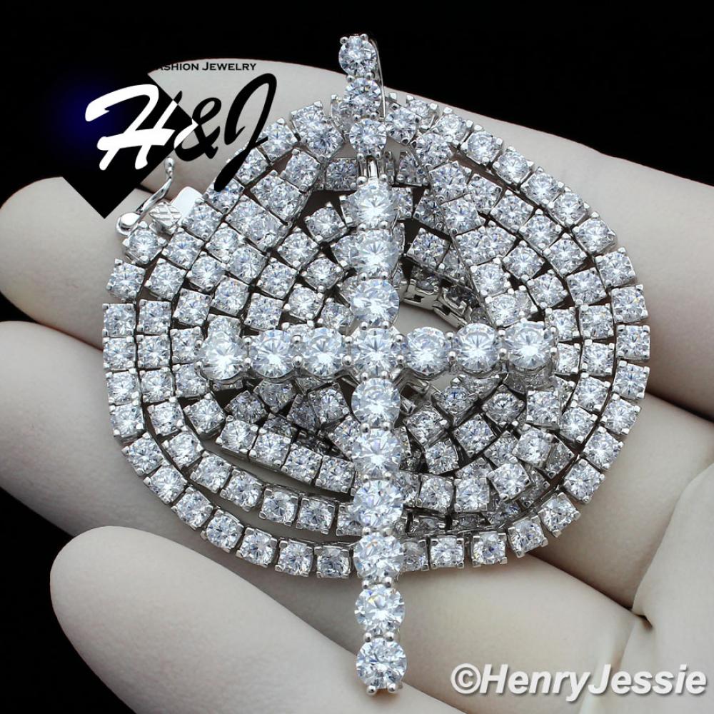 20"-28"MEN 925 STERLING SILVER 3MM ICED BLING 1 ROW TENNIS CHAIN CROSS PENDANT*SP170