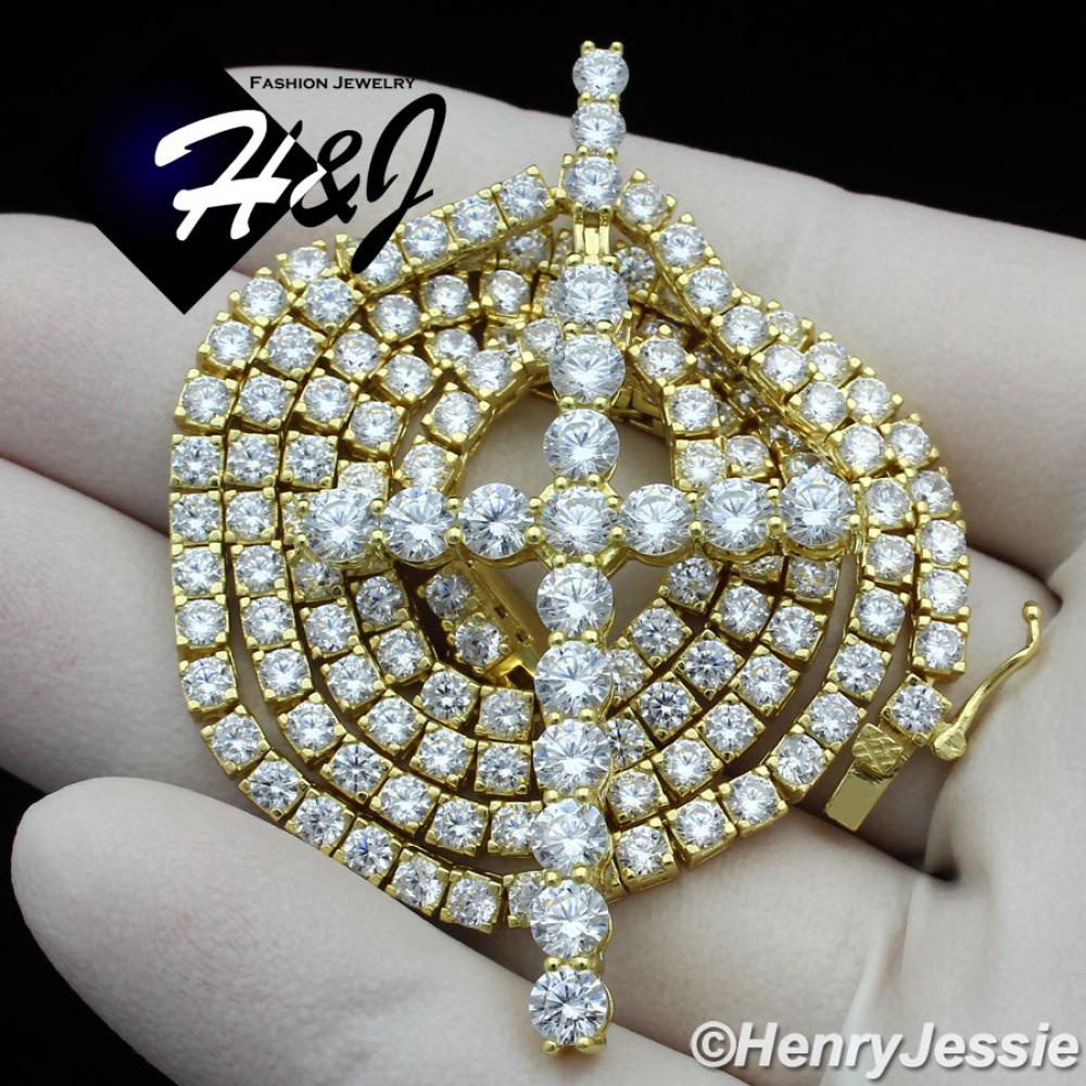 20"-28"MEN 925 STERLING SILVER 3MM GOLD ICED BLING 1 ROW TENNIS CHAIN CROSS PENDANT*GP170