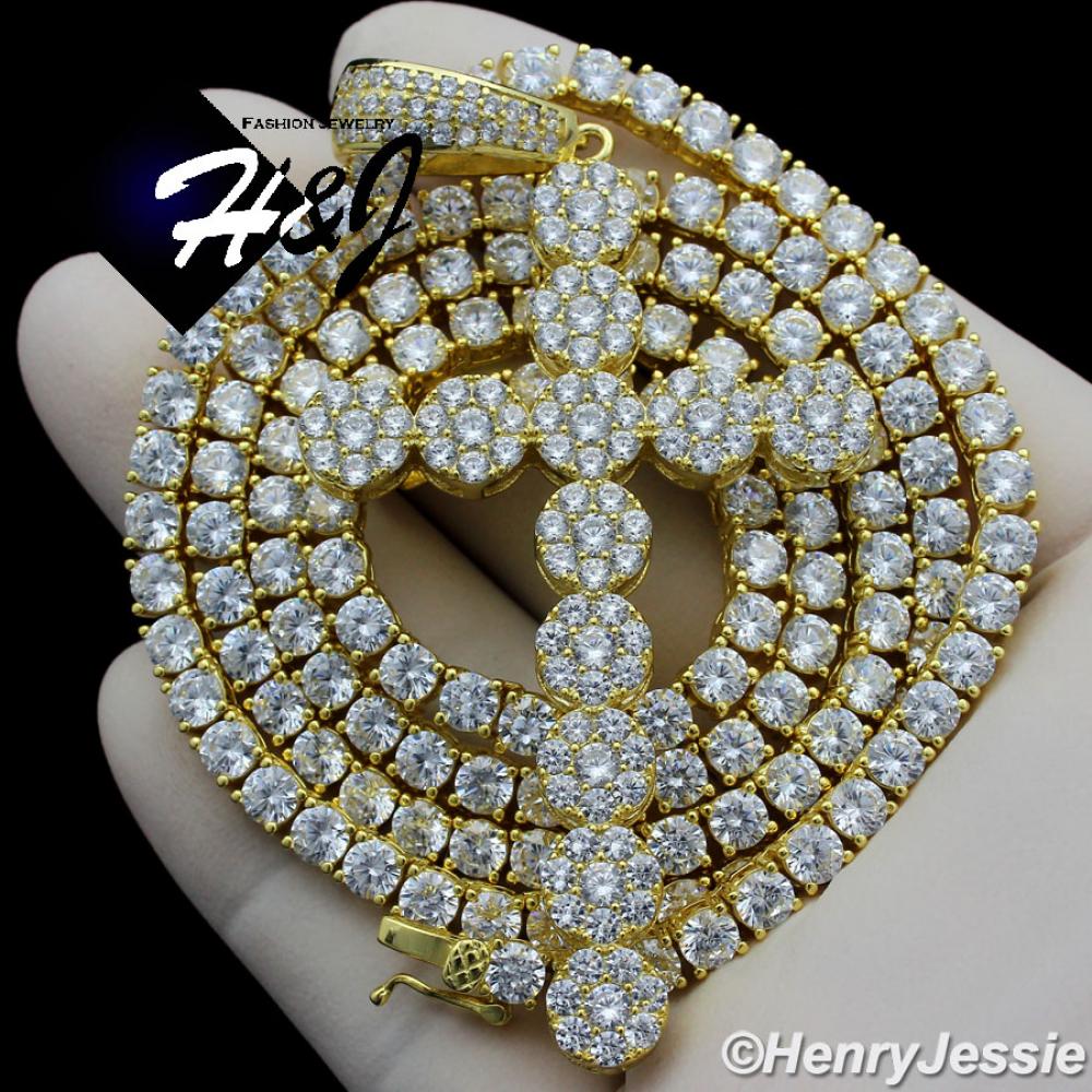 18"-30"MEN 925 STERLING SILVER 4MM GOLD ICED BLING 1 ROW TENNIS CHAIN CROSS PENDANT*GP193