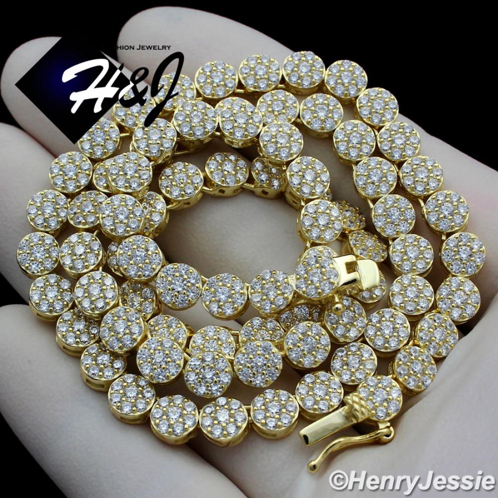 18-30"MEN 925 STERLING SILVER 5MM GOLD ICED BLING 1 ROW FLOWER CLUSTER CHAIN NECKLACE*GN15