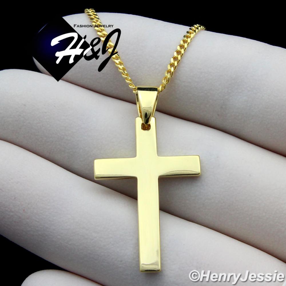 16-24"MEN 925 STERLING SILVER 2MM GOLD MIAMI CUBAN CHAIN PLAIN CROSS PENDANT*GP194