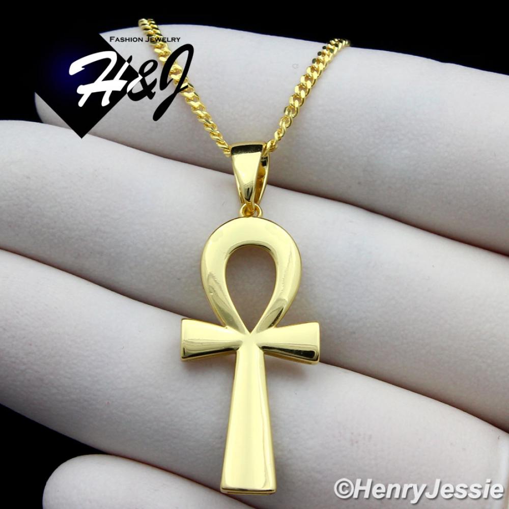 16-24"MEN 925 STERLING SILVER 2MM GOLD MIAMI CUBAN CHAIN PLAIN ANKH KEY CROSS PENDANT*GP195