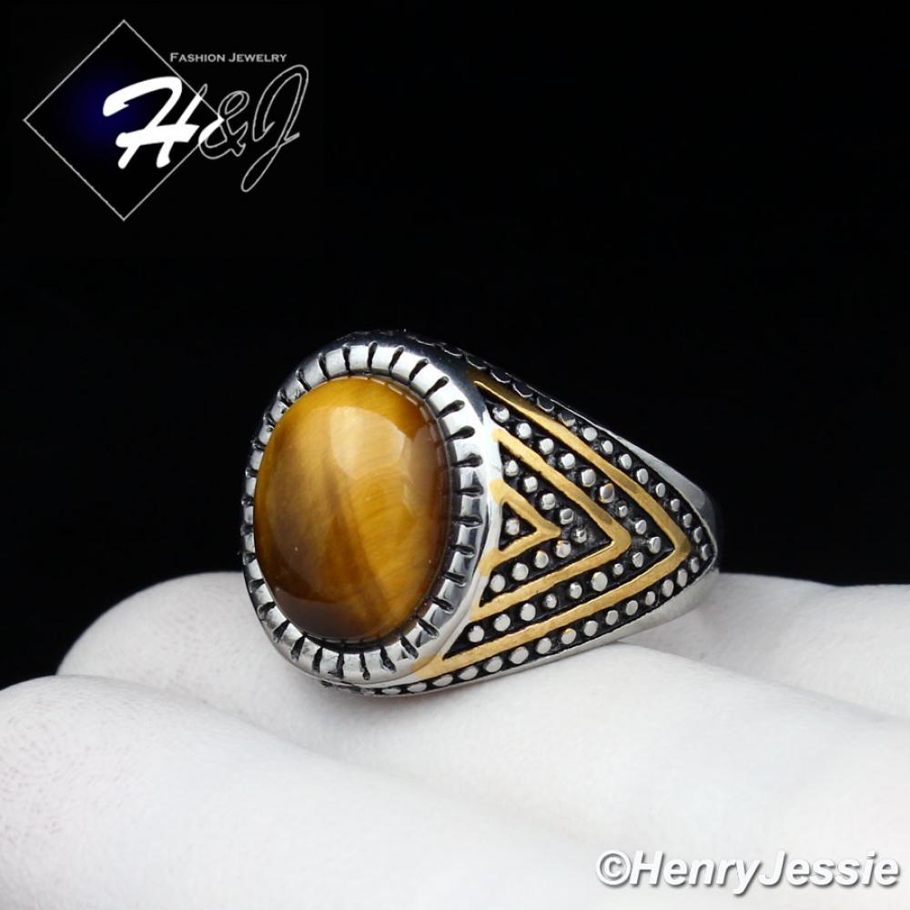MEN's Stainless Steel Oval Tiger Eye Gold/Silver Ring Size 8-13*TR115