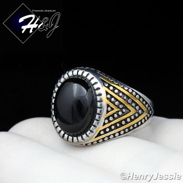 MEN's Stainless Steel Oval Black Onyx Gold/Silver Ring Size 8-13*BR115