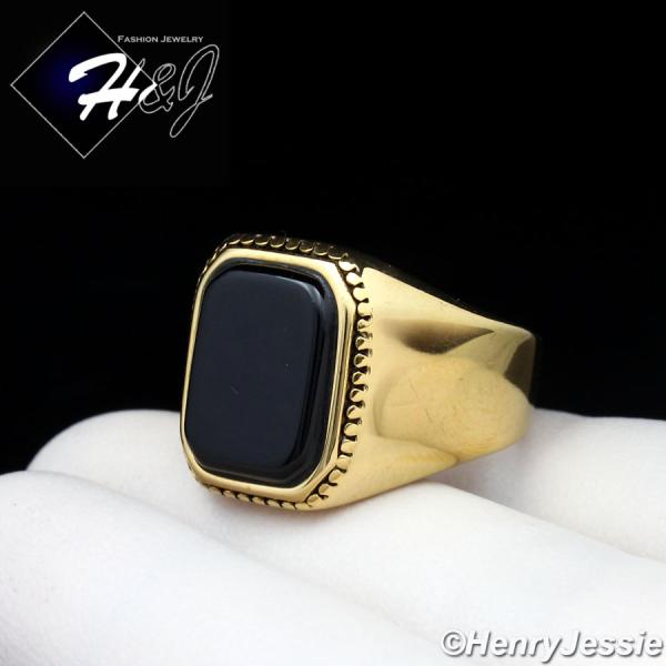 MEN's Stainless Steel Gold Black Rectangle Onyx Ring Size 8-13*GR116
