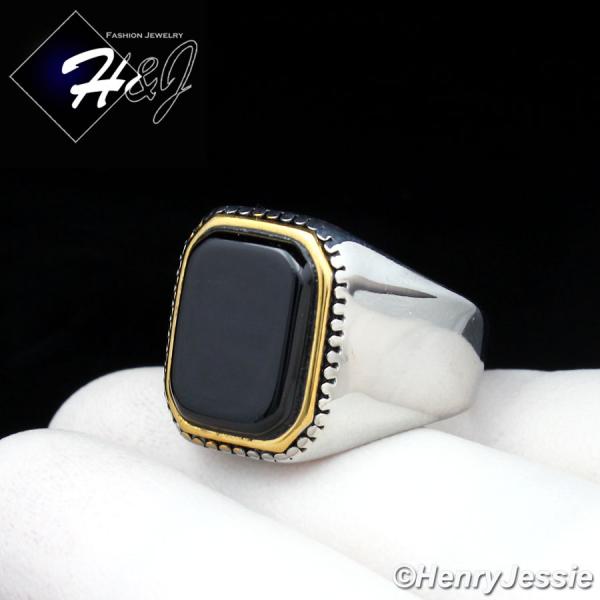 MEN's Stainless Steel Gold/Silver Black Rectangle Onyx Ring Size 8-13*GSR116