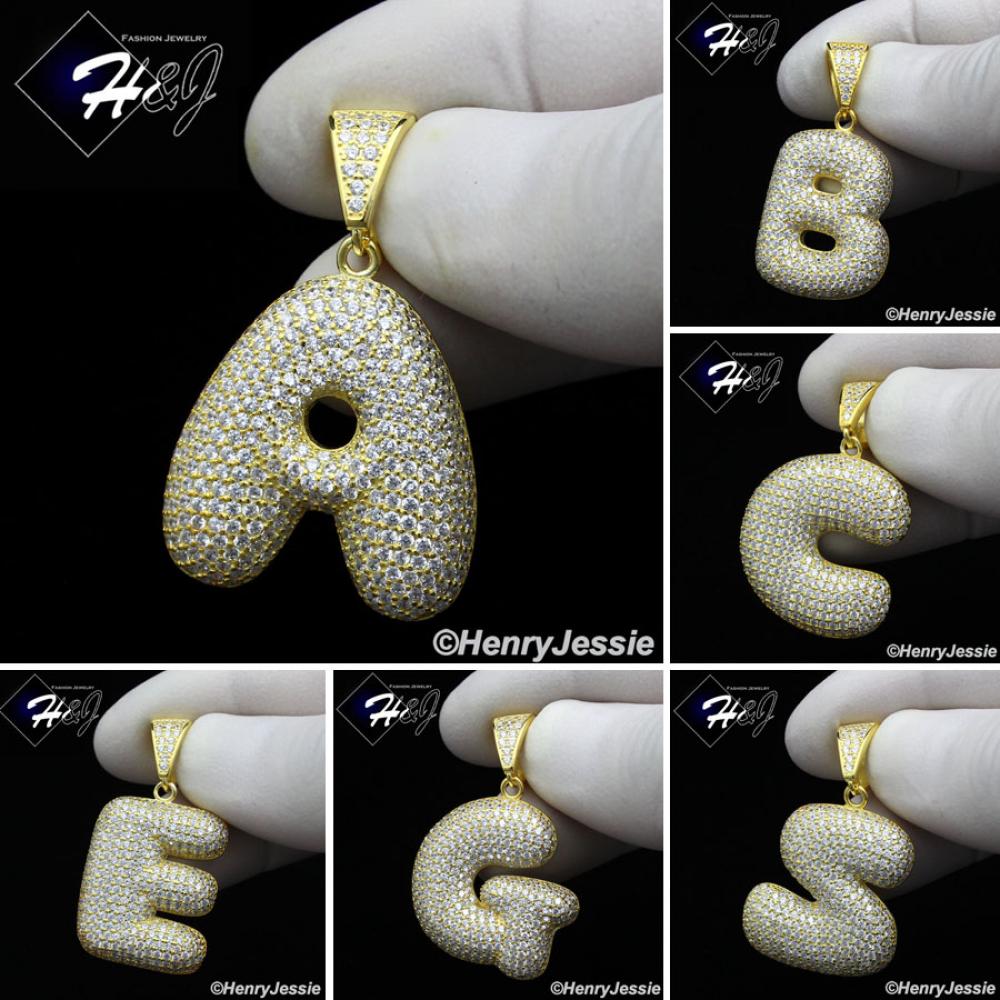 MEN WOMEN 925 STERLING SILVER LAB DIAMOND ICED GOLD 26 BUBBLE INITIAL LETTERS PENDANT*GP203