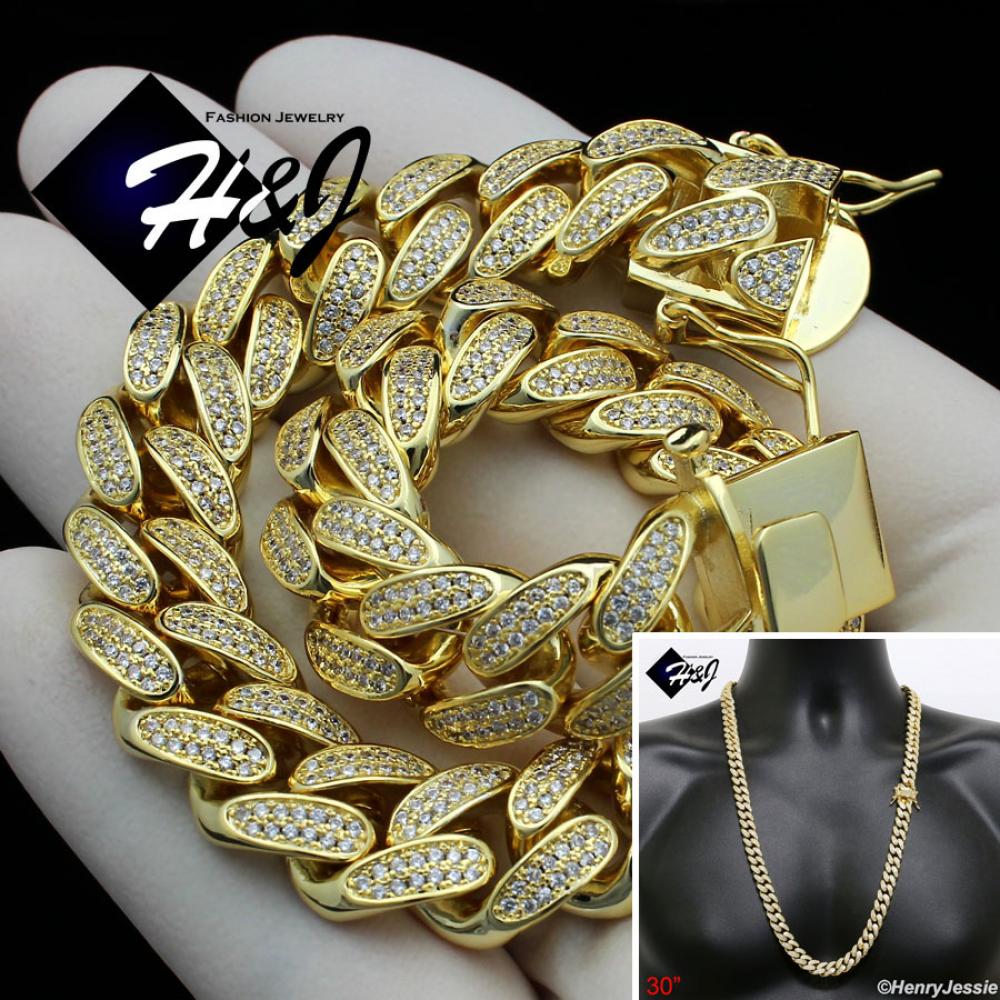 30"MEN 14K GOLD FINISH 12MM ICED BLING MIAMI CUBAN CURB CHAIN NECKLACE*BGN1