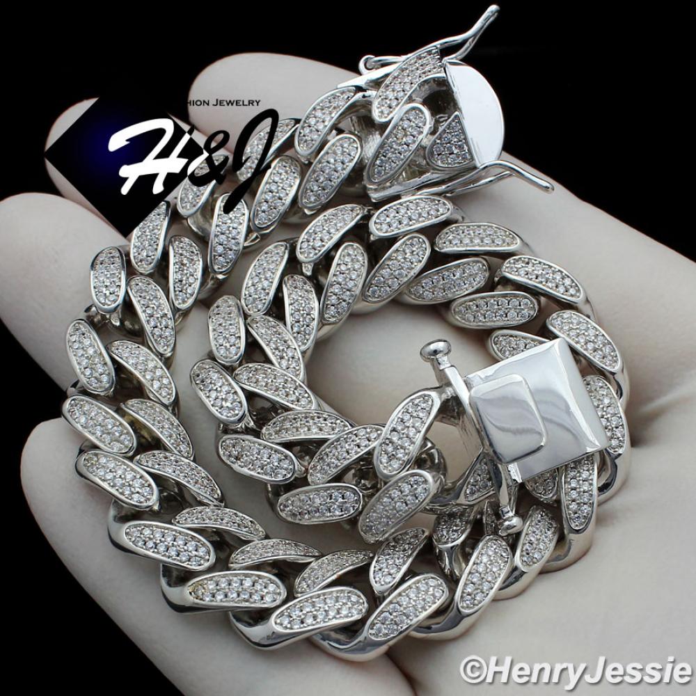 7.5"8.5"MEN 14K WHITE GOLD FINISH 12MM ICED BLING SILVER MIAMI CUBAN CHAIN BRACELET*BB1