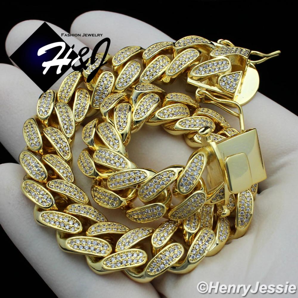 7.5"8.5"MEN 14K GOLD FINISH 12MM ICED BLING GOLD MIAMI CUBAN CHAIN BRACELET*BGB1