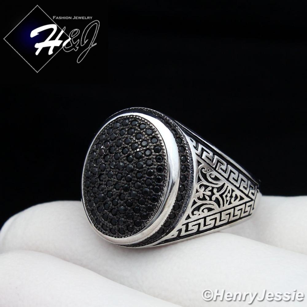 MEN 925 STERLING SILVER BLACK LAB DIAMOND GREEK KEY OVAL RING*SR73