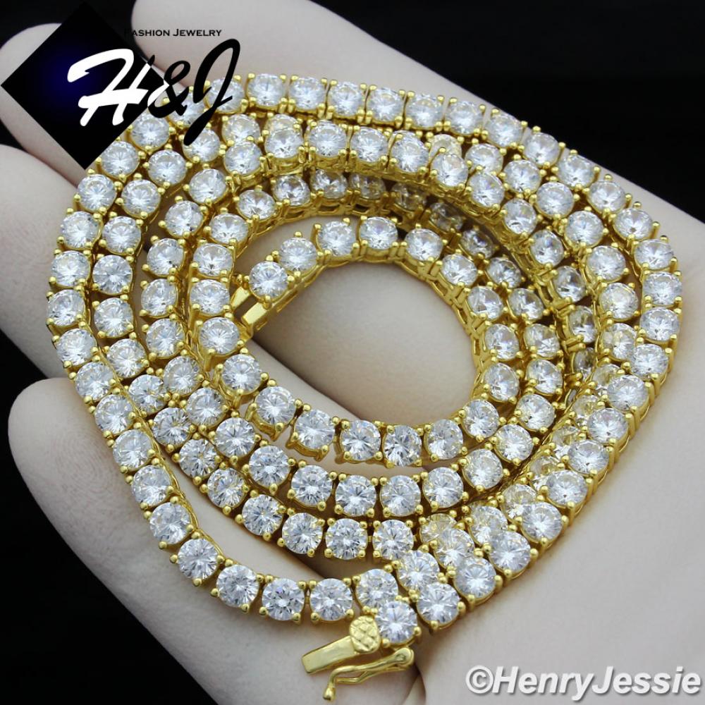16-30"MEN 14K GOLD FINISH 4MM GOLD ICED BLING 1 ROW TENNIS CHAIN NECKLACE*BGN2