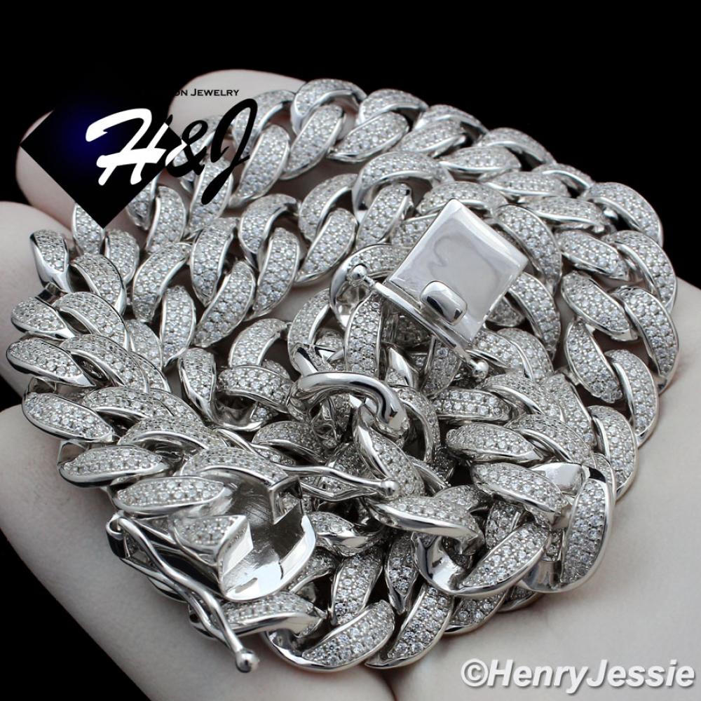 18"20"24"MEN 925 STERLING SILVER 12MM ICED BLING LAB DIAMOND MIAMI CUBAN CURB LINK CHAIN NECKLACE*SN12