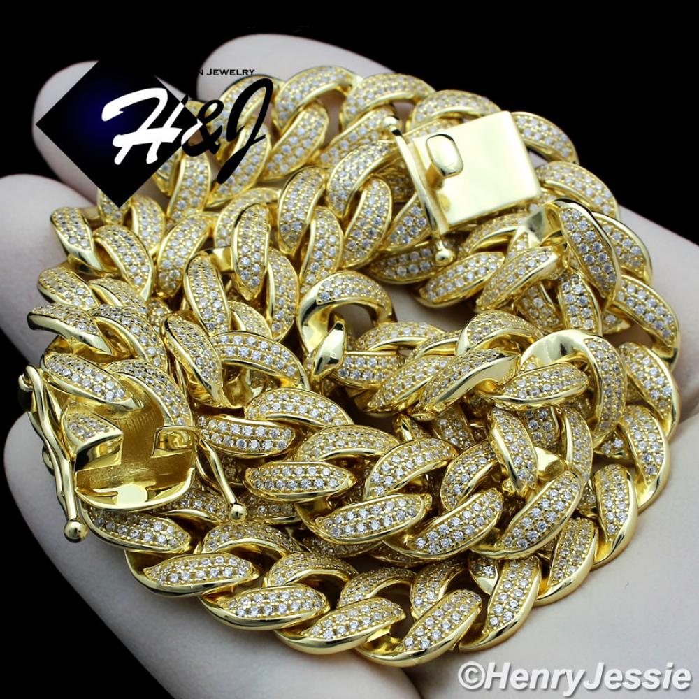 18"20"24"MEN 925 STERLING SILVER 12MM GOLD ICED BLING LAB DIAMOND MIAMI CUBAN CURB LINK CHAIN NECKLACE*GN12