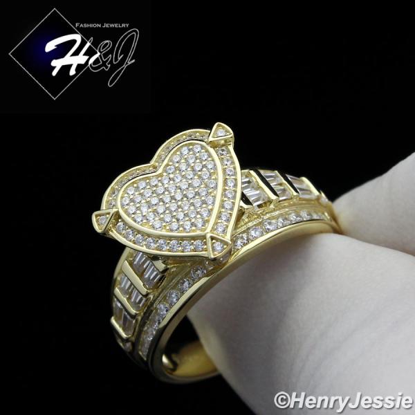 WOMEN 925 STERLING SILVER ICED BLING GOLD HEART SHAPE ENGAGEMENT RING SIZE 6-9*GR88