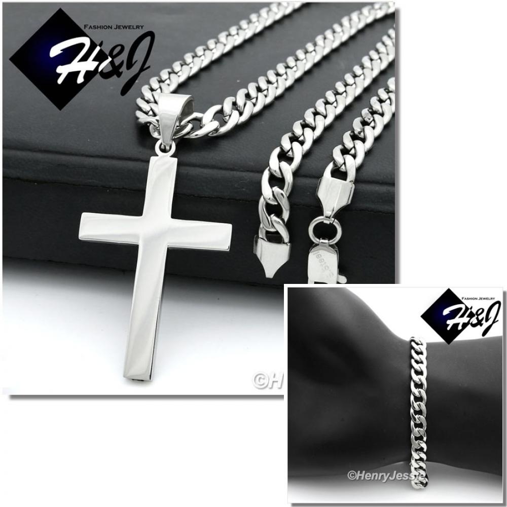 24"MEN Stainless Steel 7mm Silver Cuban Curb Necklace Bracelet Plain Cross Pendant*P64
