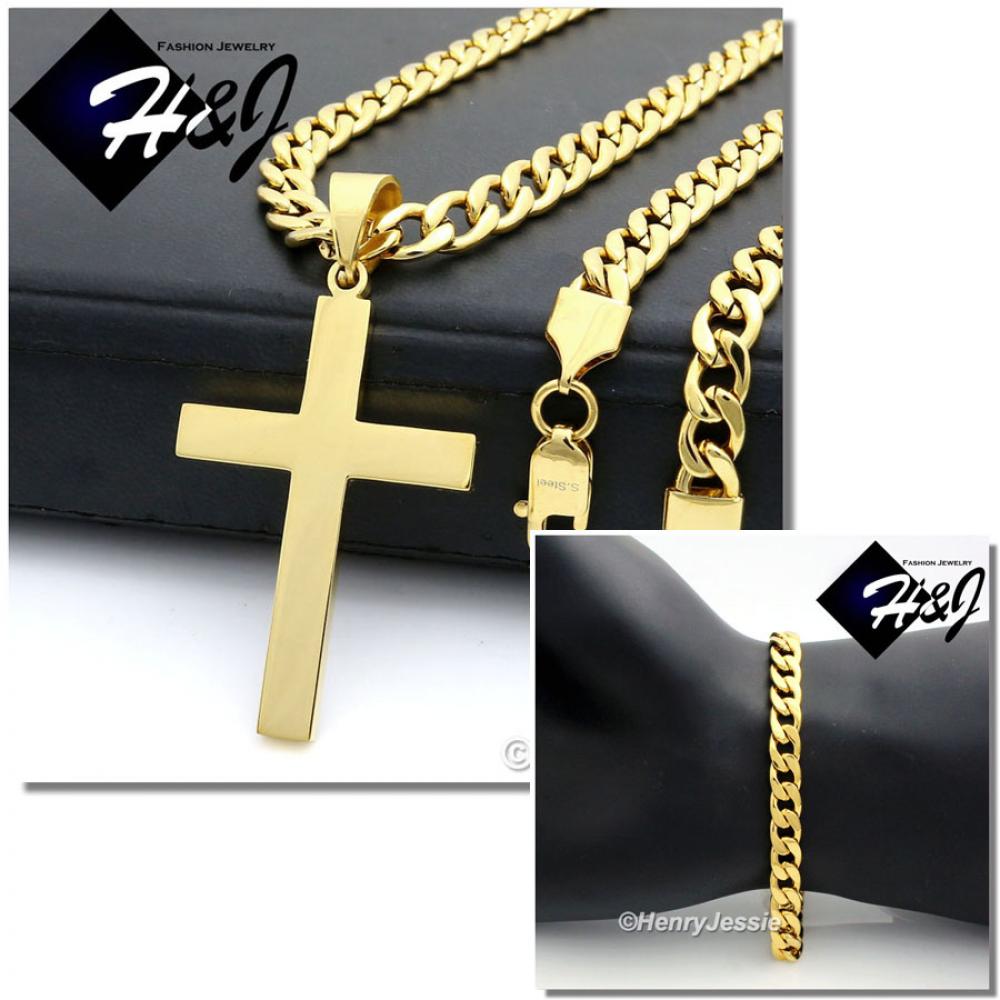 24"MEN Stainless Steel 7mm Gold Cuban Curb Necklace Bracelet Plain Cross Pendant*GP64