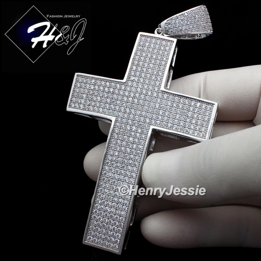 MEN 14K WHITE GOLD FINISH ICED BLING OVERSIZE SILVER CROSS CHARM PENDANT*BP1