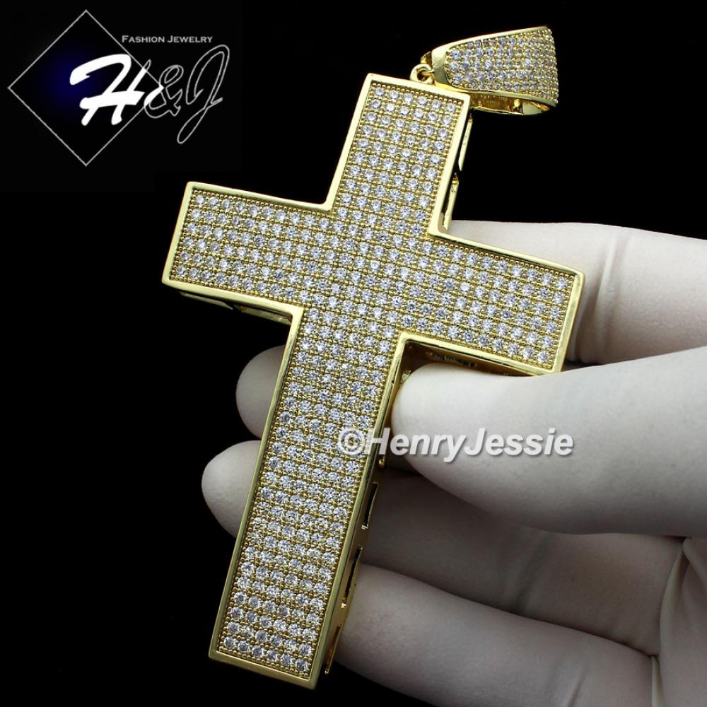 MEN 14K GOLD FINISH ICED BLING OVERSIZE GOLD CROSS CHARM PENDANT*BGP1