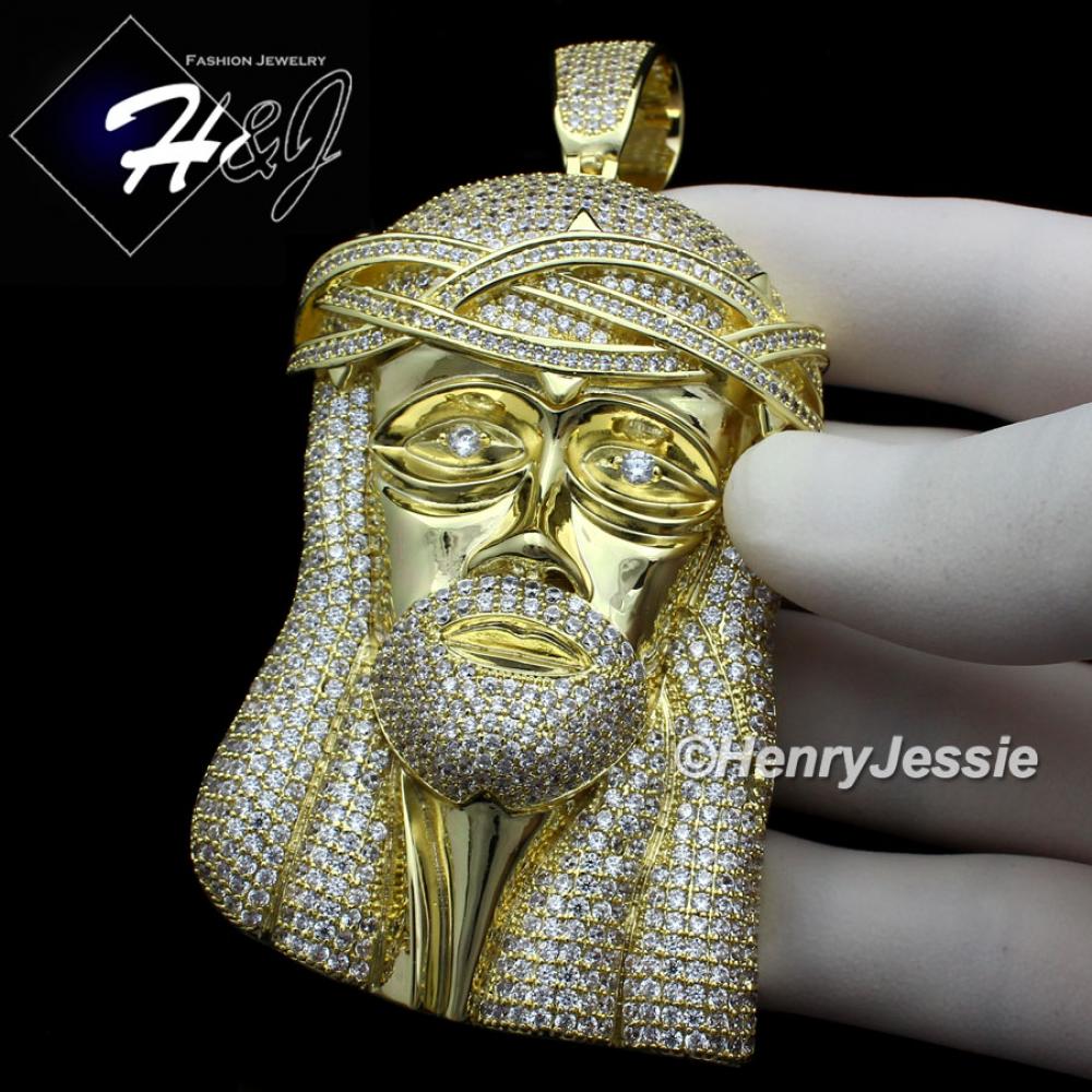 MEN 14K GOLD FINISH ICED BLING OVERSIZE GOLD JESUS FACE CHARM PENDANT*BGP2