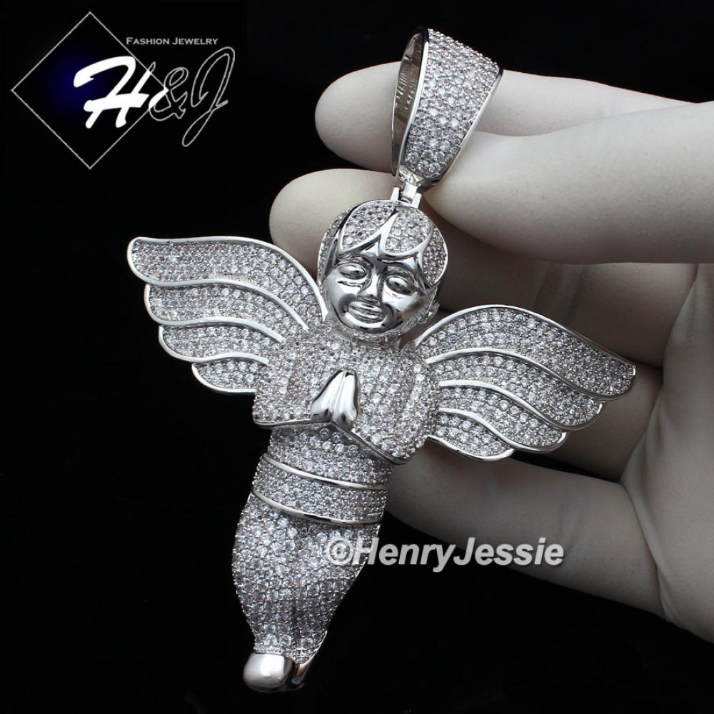 MEN 14K WHITE GOLD FINISH ICED BLING OVERSIZE SILVER ANGEL WING PENDANT*BP3