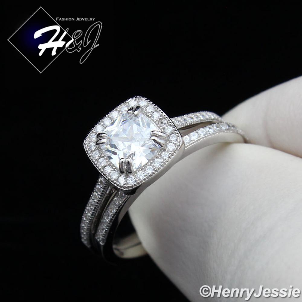 WOMEN 925 STERLING SILVER ICED BLING SQUARE ENGAGEMENT RING SET SIZE 5-9*SR101