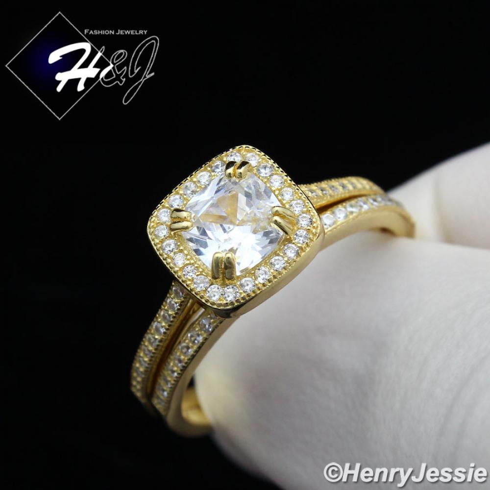 WOMEN 925 STERLING SILVER ICED BLING GOLD SQUARE ENGAGEMENT RING SET SIZE 5-9*GR101