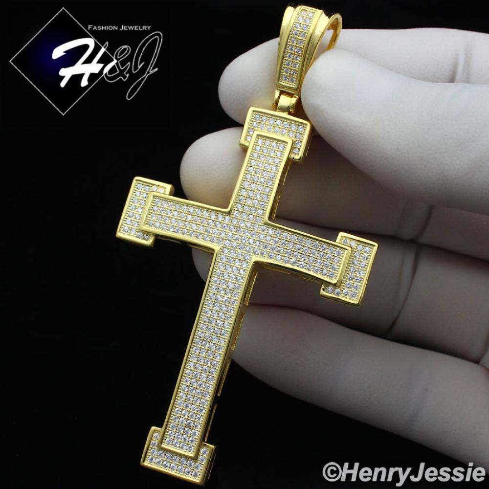 MEN 925 STERLING SILVER LAB DIAMOND ICED BLING GOLD HIP HOP CROSS PENDANT*GP15