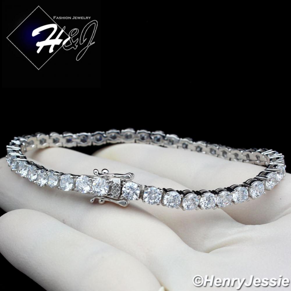7"-8.5"MEN WOMEN 14K WHITE GOLD FINISH 4MM ICED 1 ROW SILVER TENNIS CHAIN BRACELET*BSB2