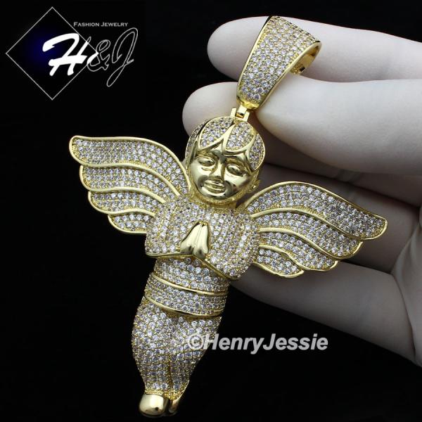 MEN 14K GOLD FINISH ICED BLING OVERSIZE GOLD ANGEL WING PENDANT*BGP3