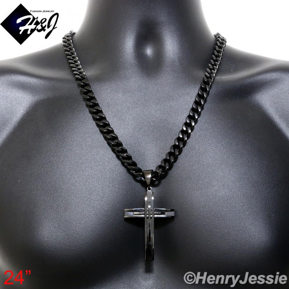 18-40"MEN Stainless Steel 9x4mm Black Cuban Curb Chain Necklace Cross Pendant*A
