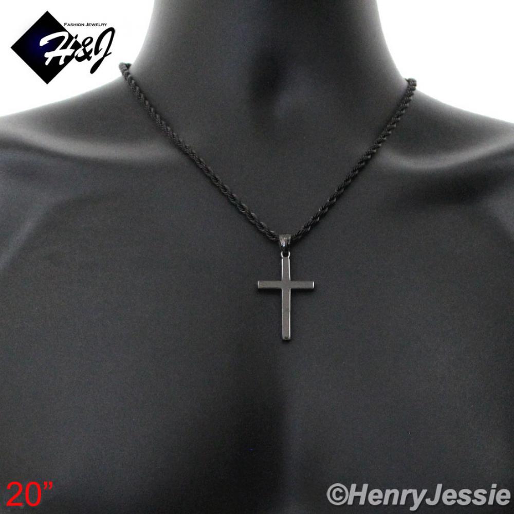 20"MEN Stainless Steel 3mm Black Rope Chain Necklace Plain Simple Cross Pendant*BP29