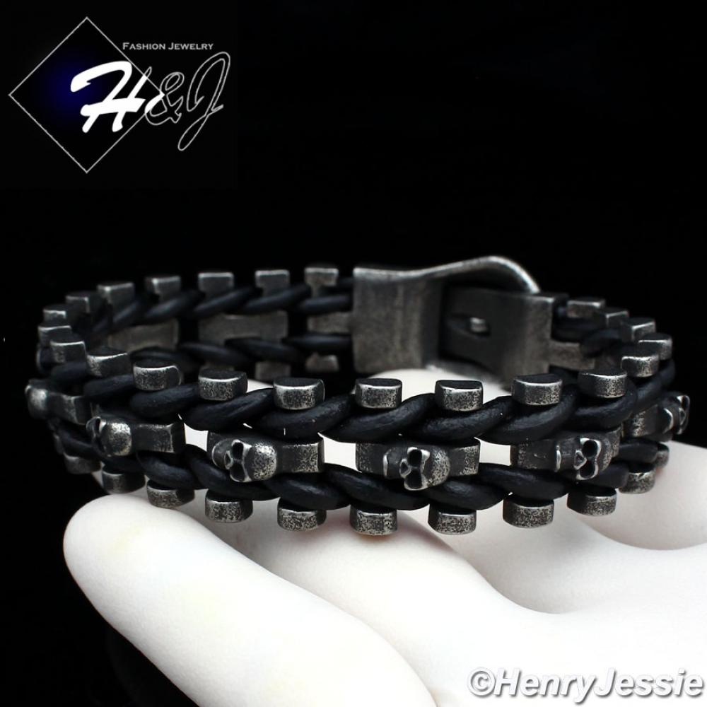 8.5"BIKER MEN Stainless Steel 15mm Gray Skull Heads Black Leather Bracelet